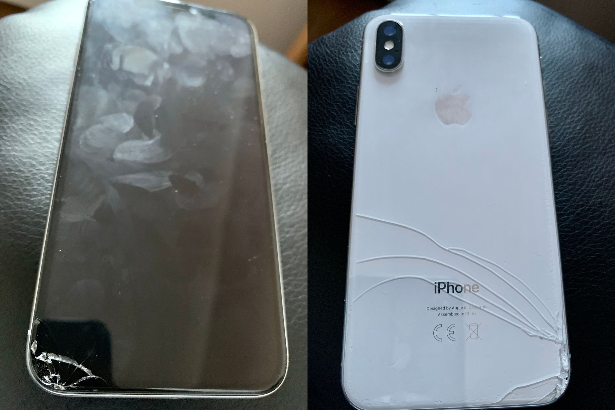 Photo collage of the front and back of a White iPhone X showing cracks