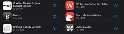 A list of Markdown writing apps from the App Store: iA Writer Classic, Byword, Drafts 3, 1Writer, Bear, Ulysses Mobile.